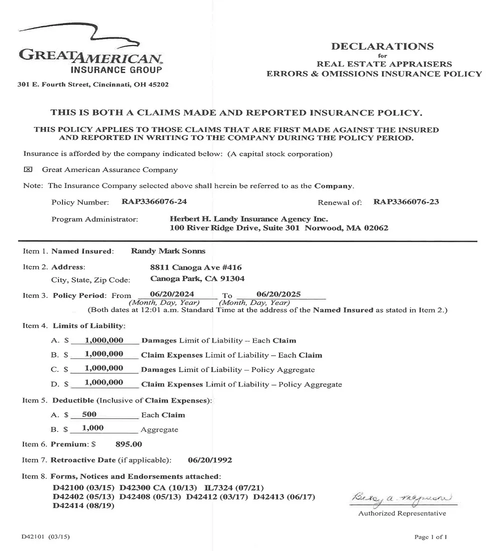 Scan of an errors and omissions insurance declarations page, policy period June 20, 2024 to June 20, 2025