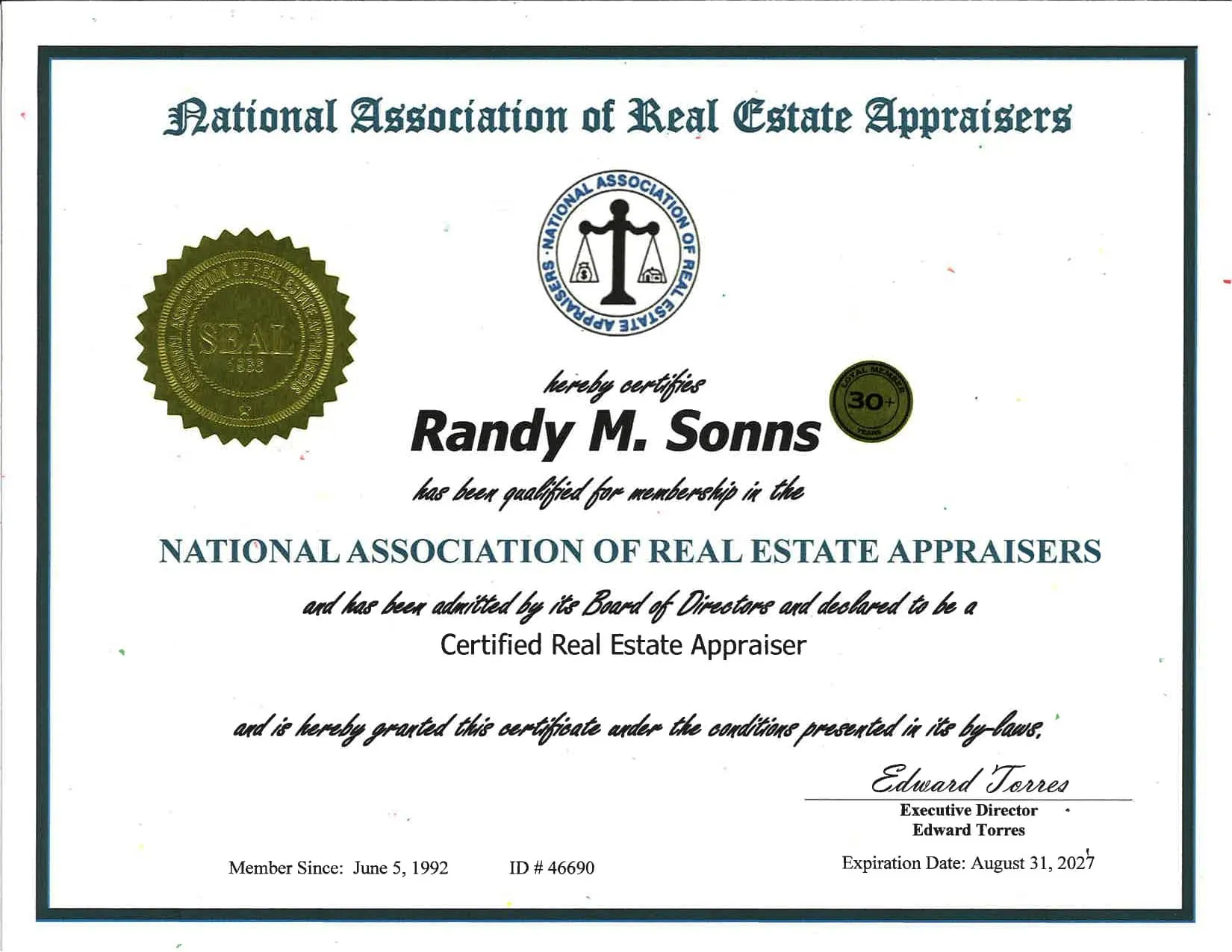 Scan of a National Association of Real Estate Appraisers membership certificate for Randy M. Sonns, member since 1992